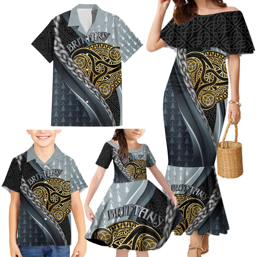 Brittany Triskele Celtic Family Matching Mermaid Dress and Hawaiian Shirt Silver and Gold Sporty Style - Wonder Print Shop