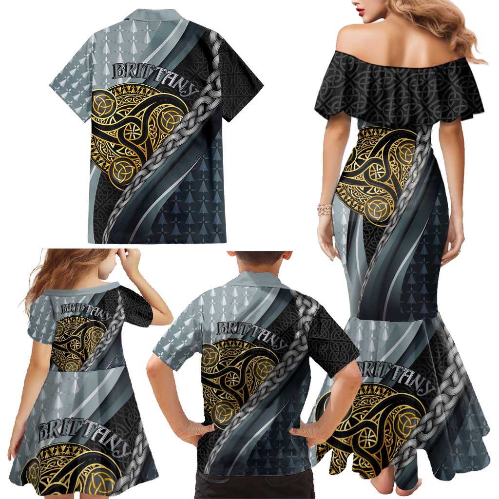 Brittany Triskele Celtic Family Matching Mermaid Dress and Hawaiian Shirt Silver and Gold Sporty Style - Wonder Print Shop