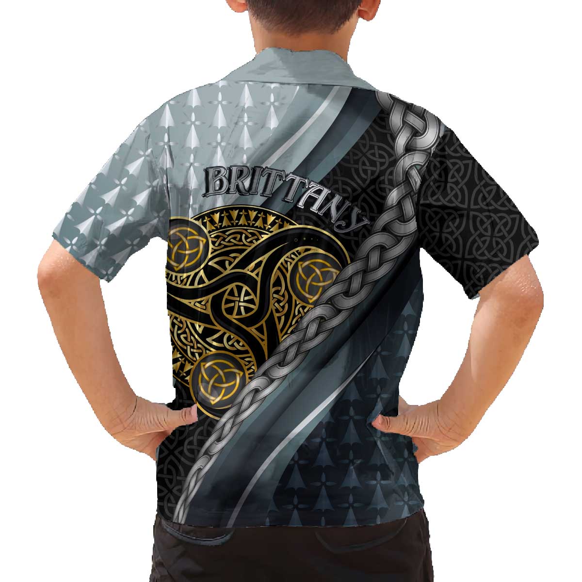 Brittany Triskele Celtic Family Matching Off The Shoulder Long Sleeve Dress and Hawaiian Shirt Silver and Gold Sporty Style - Wonder Print Shop