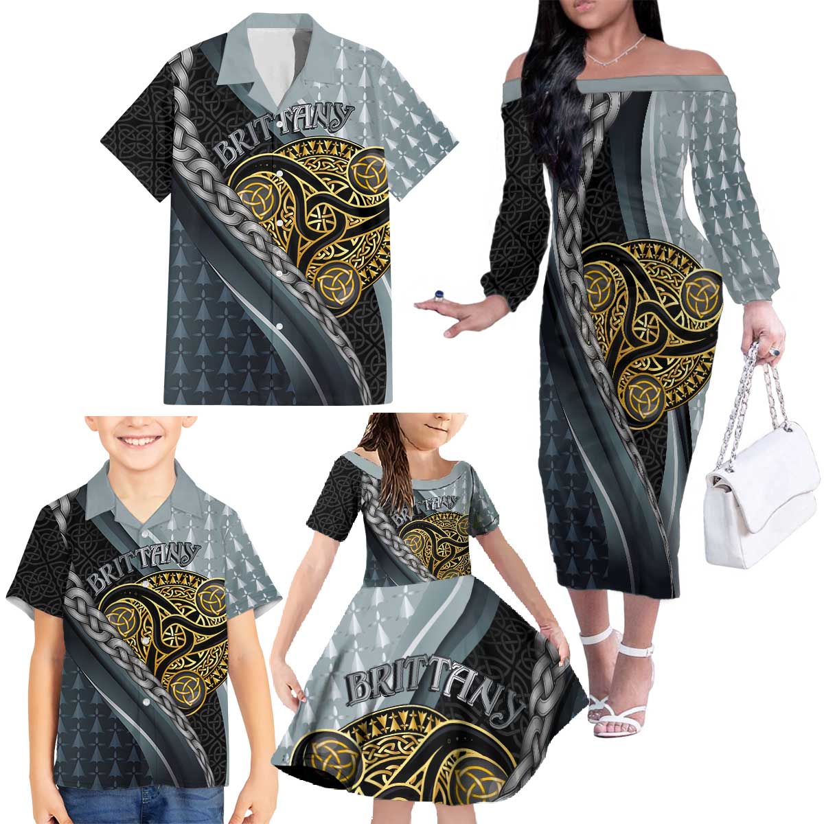 Brittany Triskele Celtic Family Matching Off The Shoulder Long Sleeve Dress and Hawaiian Shirt Silver and Gold Sporty Style - Wonder Print Shop