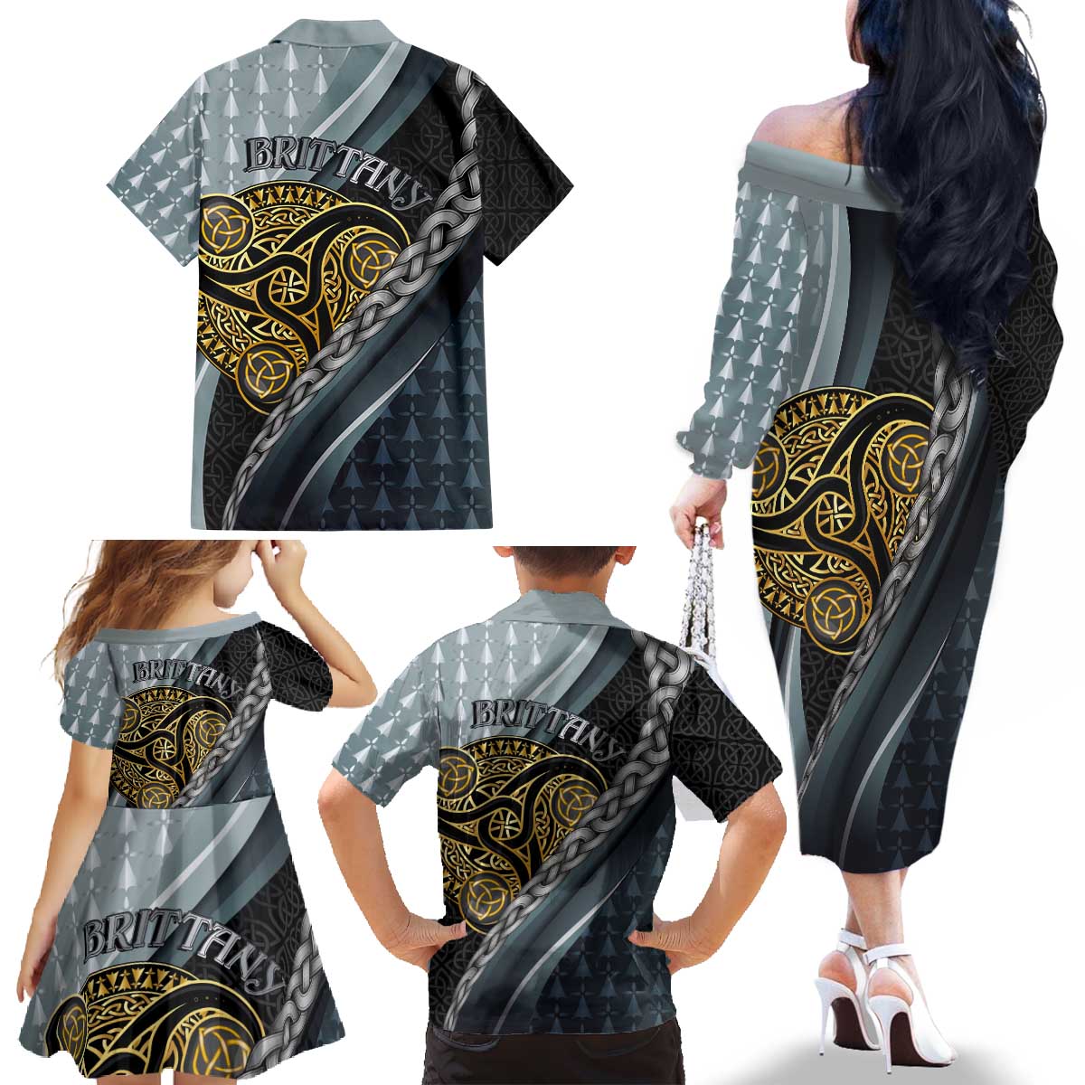 Brittany Triskele Celtic Family Matching Off The Shoulder Long Sleeve Dress and Hawaiian Shirt Silver and Gold Sporty Style - Wonder Print Shop