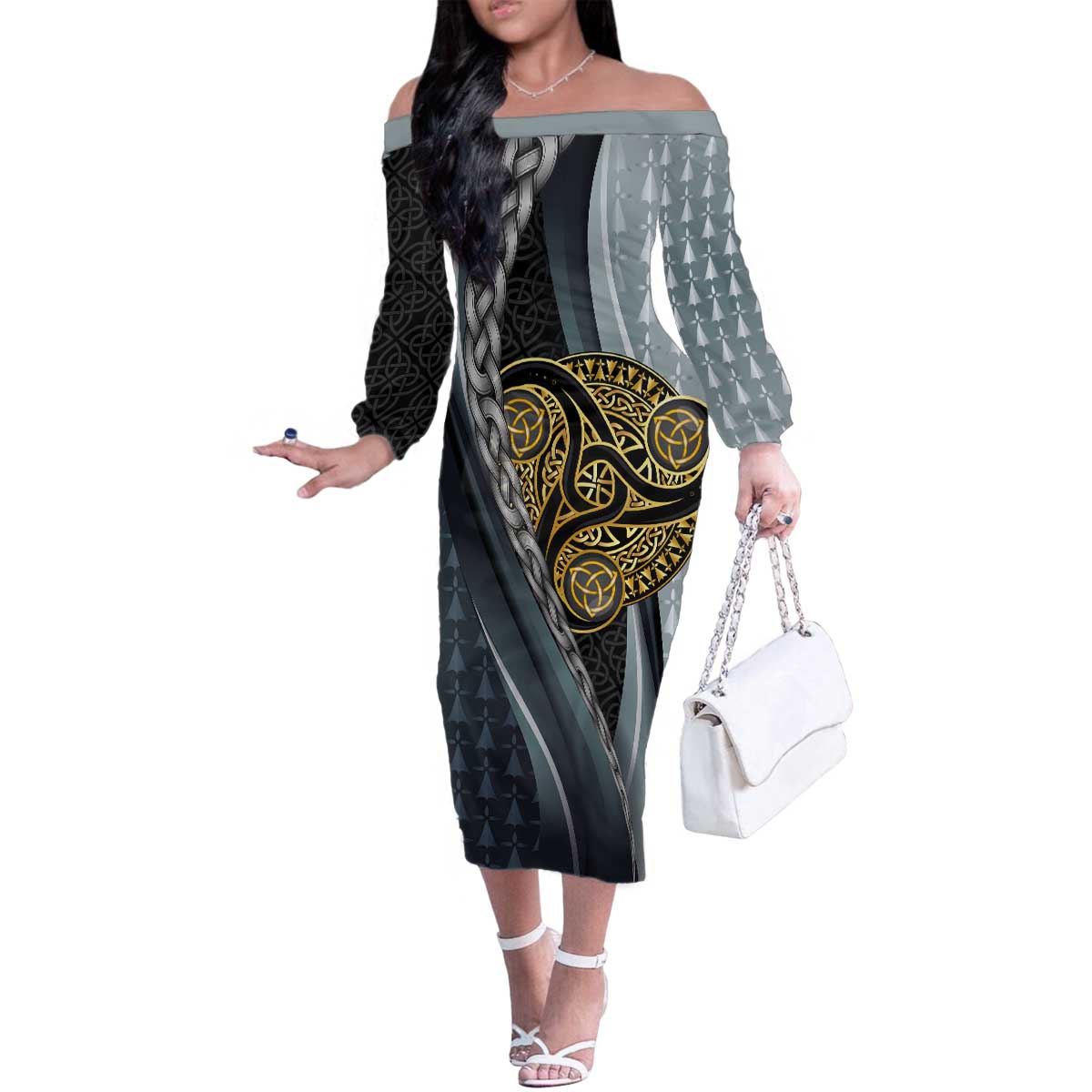 Brittany Triskele Celtic Family Matching Off The Shoulder Long Sleeve Dress and Hawaiian Shirt Silver and Gold Sporty Style - Wonder Print Shop