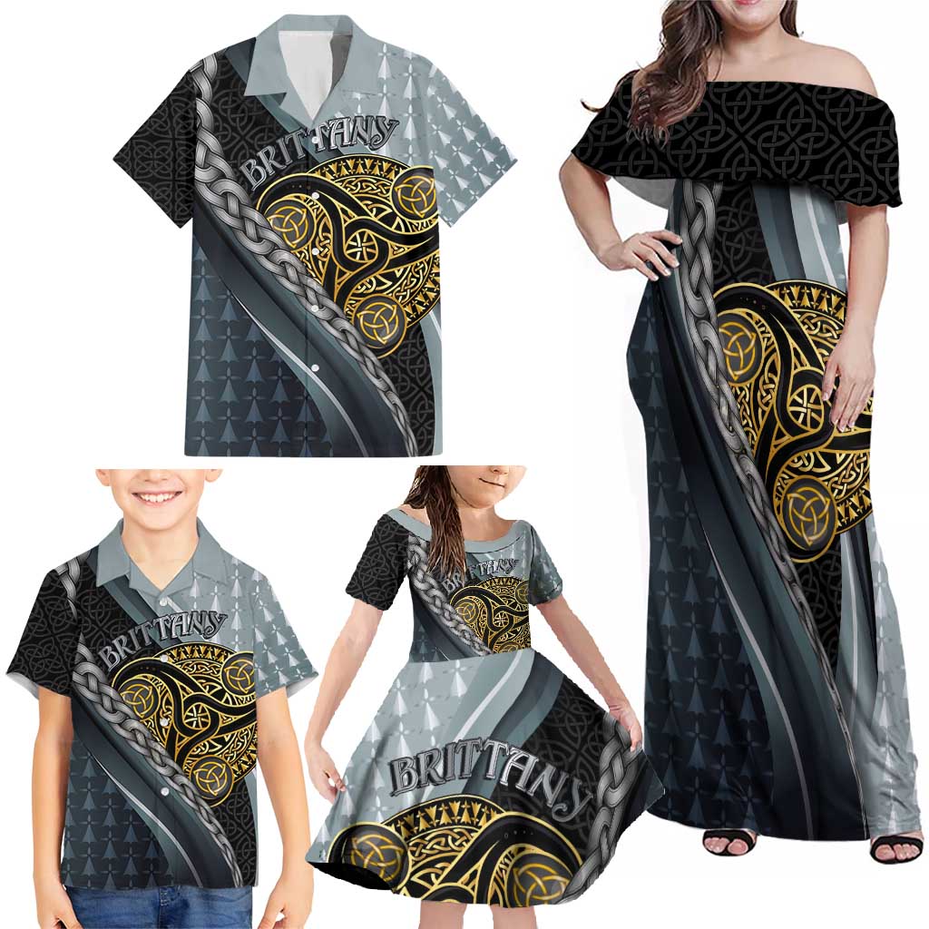Brittany Triskele Celtic Family Matching Off Shoulder Maxi Dress and Hawaiian Shirt Silver and Gold Sporty Style - Wonder Print Shop