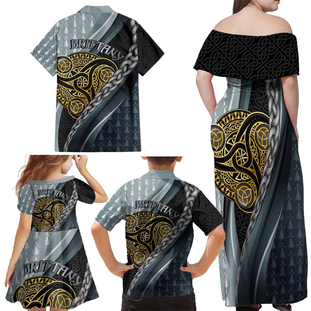 Brittany Triskele Celtic Family Matching Off Shoulder Maxi Dress and Hawaiian Shirt Silver and Gold Sporty Style - Wonder Print Shop