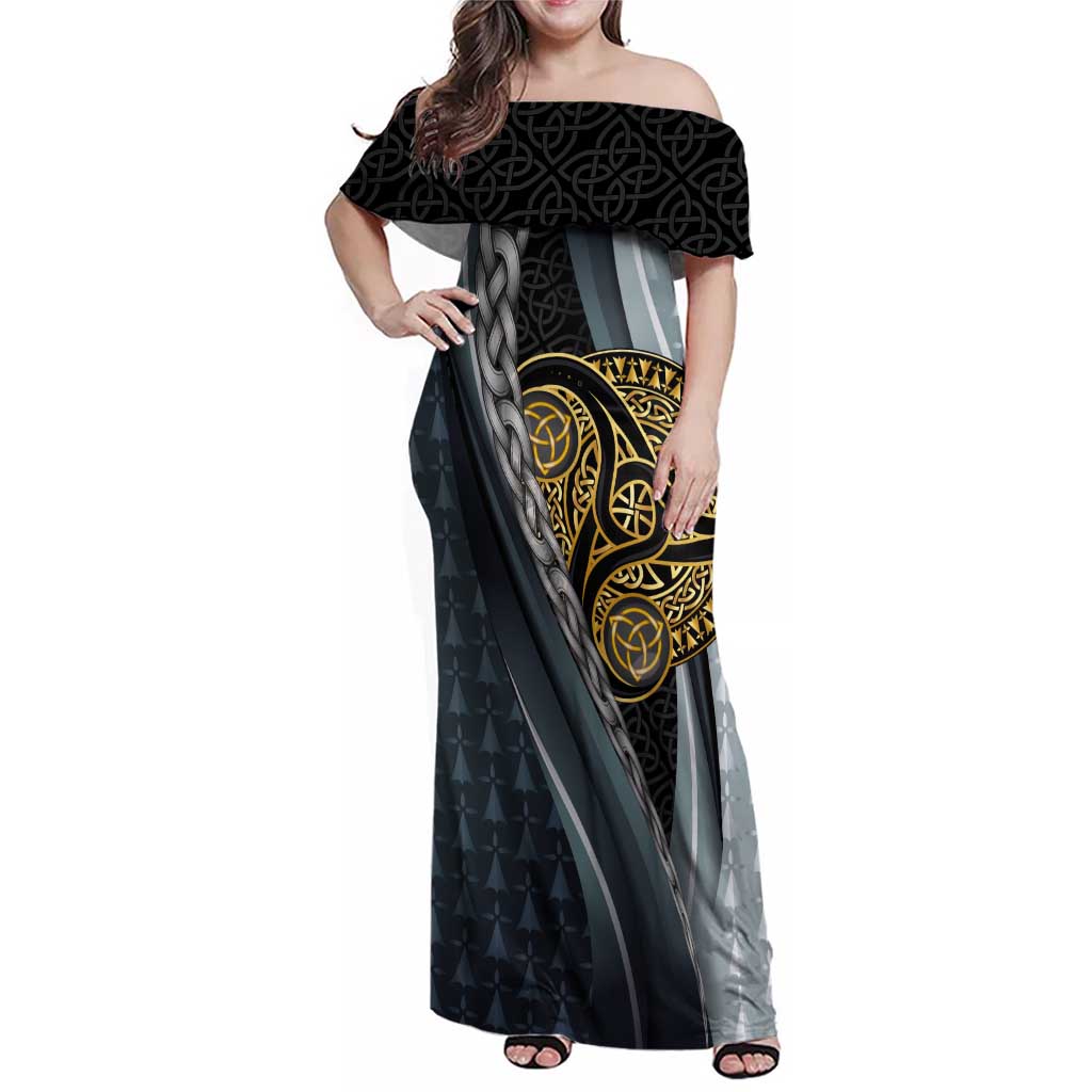 Brittany Triskele Celtic Family Matching Off Shoulder Maxi Dress and Hawaiian Shirt Silver and Gold Sporty Style - Wonder Print Shop