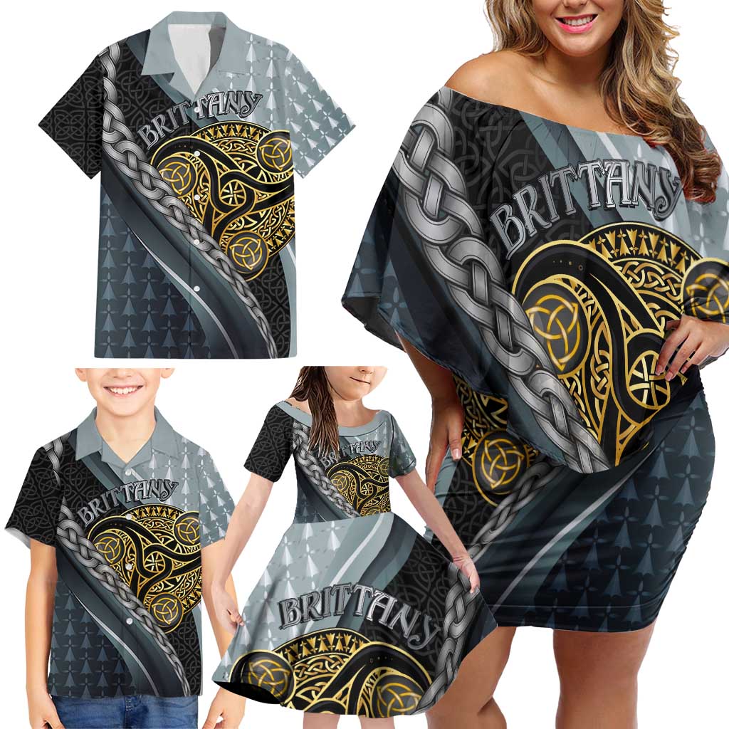 Brittany Triskele Celtic Family Matching Off Shoulder Short Dress and Hawaiian Shirt Silver and Gold Sporty Style - Wonder Print Shop