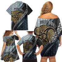Brittany Triskele Celtic Family Matching Off Shoulder Short Dress and Hawaiian Shirt Silver and Gold Sporty Style - Wonder Print Shop