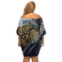 Brittany Triskele Celtic Family Matching Off Shoulder Short Dress and Hawaiian Shirt Silver and Gold Sporty Style - Wonder Print Shop