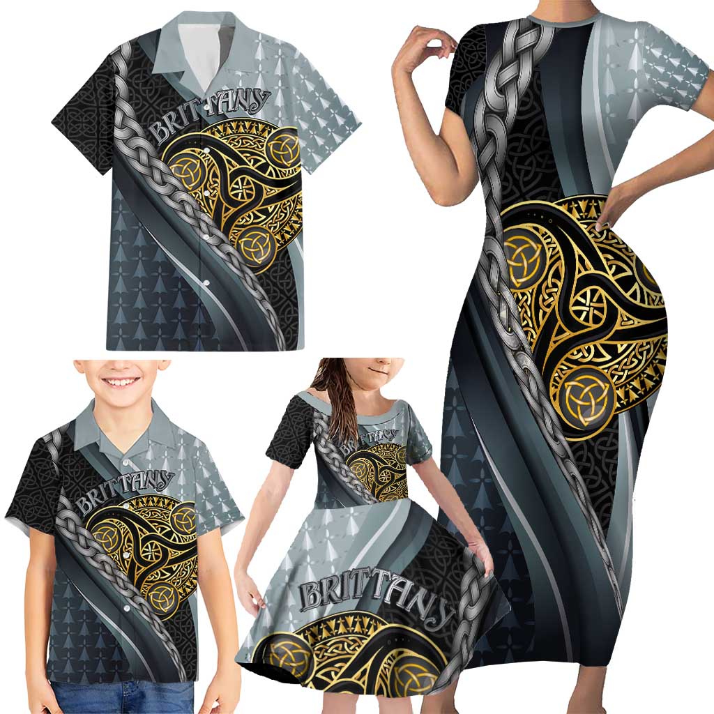 Brittany Triskele Celtic Family Matching Short Sleeve Bodycon Dress and Hawaiian Shirt Silver and Gold Sporty Style - Wonder Print Shop