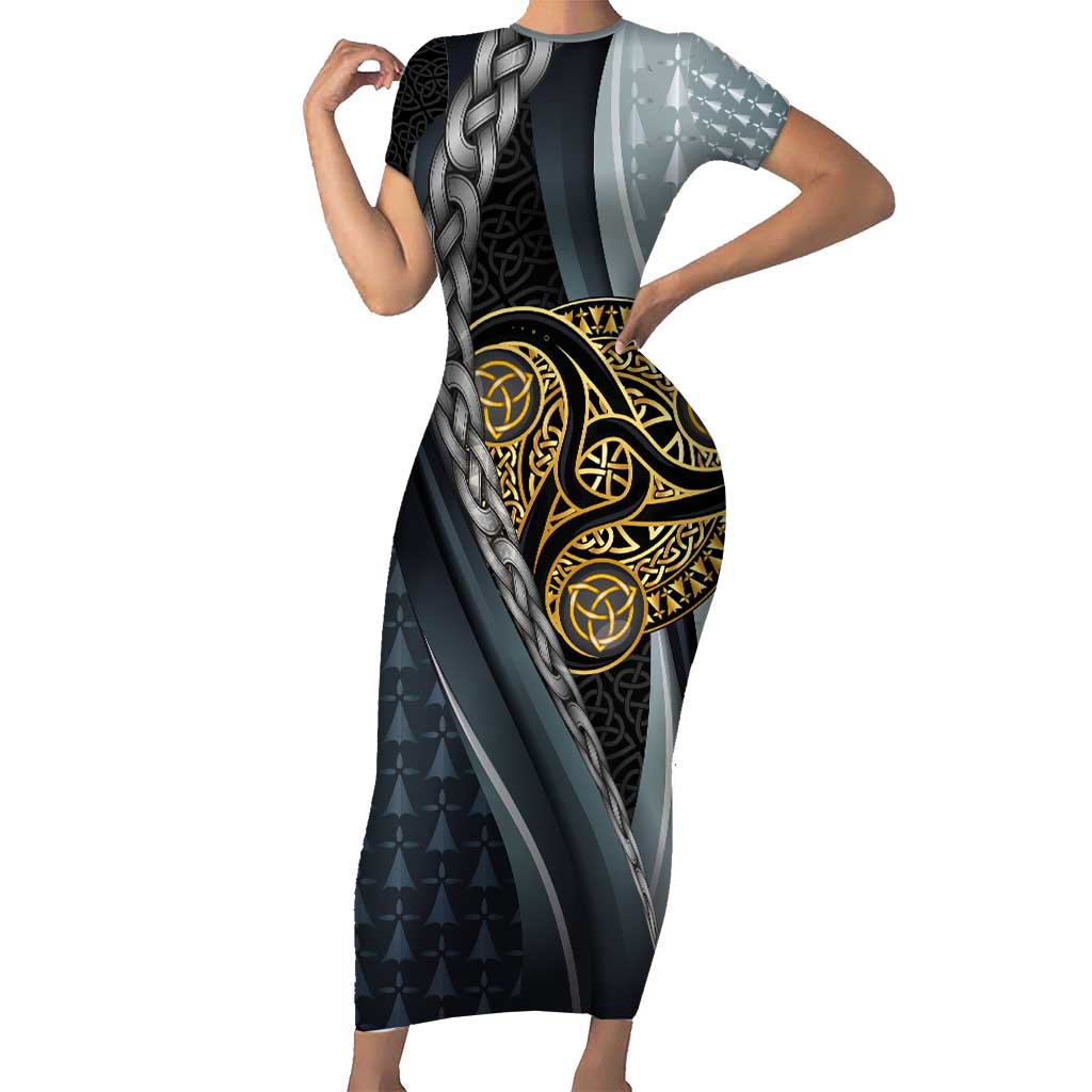 Brittany Triskele Celtic Family Matching Short Sleeve Bodycon Dress and Hawaiian Shirt Silver and Gold Sporty Style - Wonder Print Shop