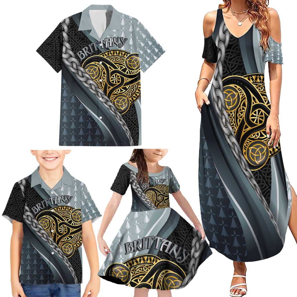 Brittany Triskele Celtic Family Matching Summer Maxi Dress and Hawaiian Shirt Silver and Gold Sporty Style - Wonder Print Shop