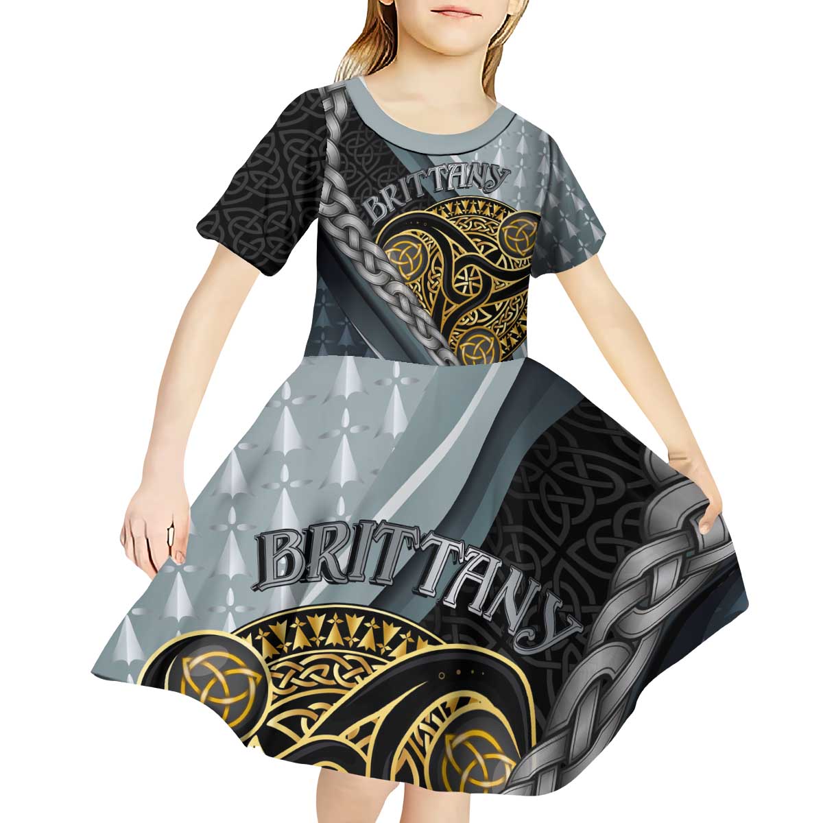Brittany Triskele Celtic Kid Short Sleeve Dress Silver and Gold Sporty Style - Wonder Print Shop