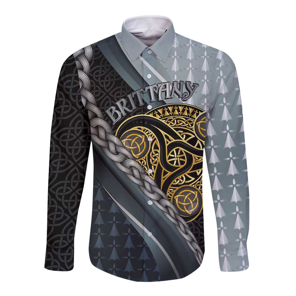 Brittany Triskele Celtic Long Sleeve Button Shirt Silver and Gold Sporty Style - Wonder Print Shop