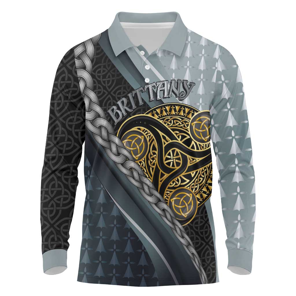 Brittany Triskele Celtic Long Sleeve Polo Shirt Silver and Gold Sporty Style - Wonder Print Shop