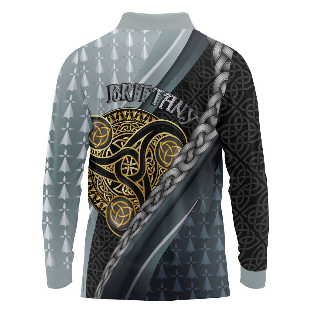 Brittany Triskele Celtic Long Sleeve Polo Shirt Silver and Gold Sporty Style - Wonder Print Shop