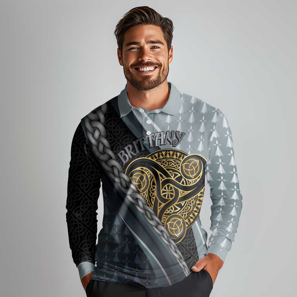 Brittany Triskele Celtic Long Sleeve Polo Shirt Silver and Gold Sporty Style - Wonder Print Shop