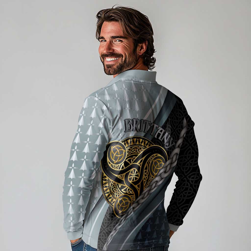 Brittany Triskele Celtic Long Sleeve Polo Shirt Silver and Gold Sporty Style - Wonder Print Shop