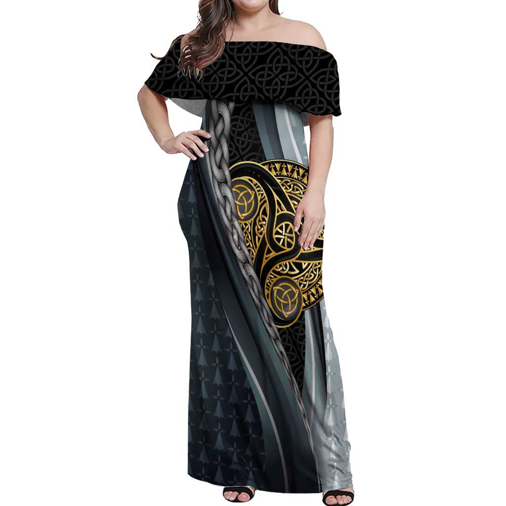 Brittany Triskele Celtic Off Shoulder Maxi Dress Silver and Gold Sporty Style - Wonder Print Shop