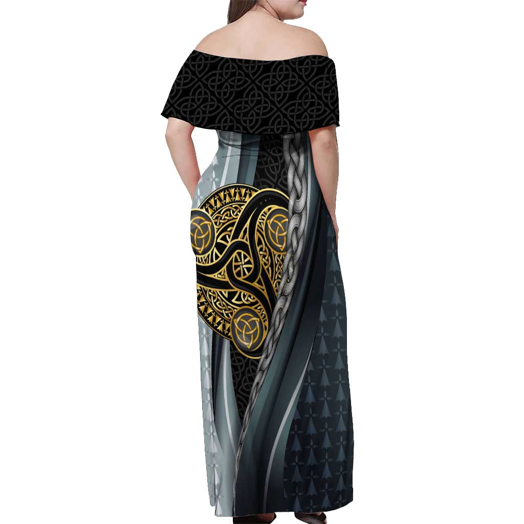 Brittany Triskele Celtic Off Shoulder Maxi Dress Silver and Gold Sporty Style - Wonder Print Shop