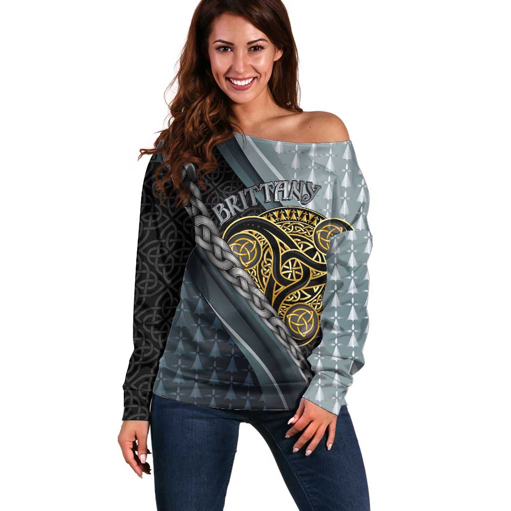 Brittany Triskele Celtic Off Shoulder Sweater Silver and Gold Sporty Style - Wonder Print Shop