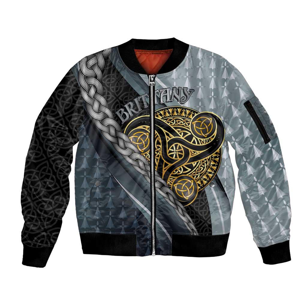 Brittany Triskele Celtic Sleeve Zip Bomber Jacket Silver and Gold Sporty Style - Wonder Print Shop