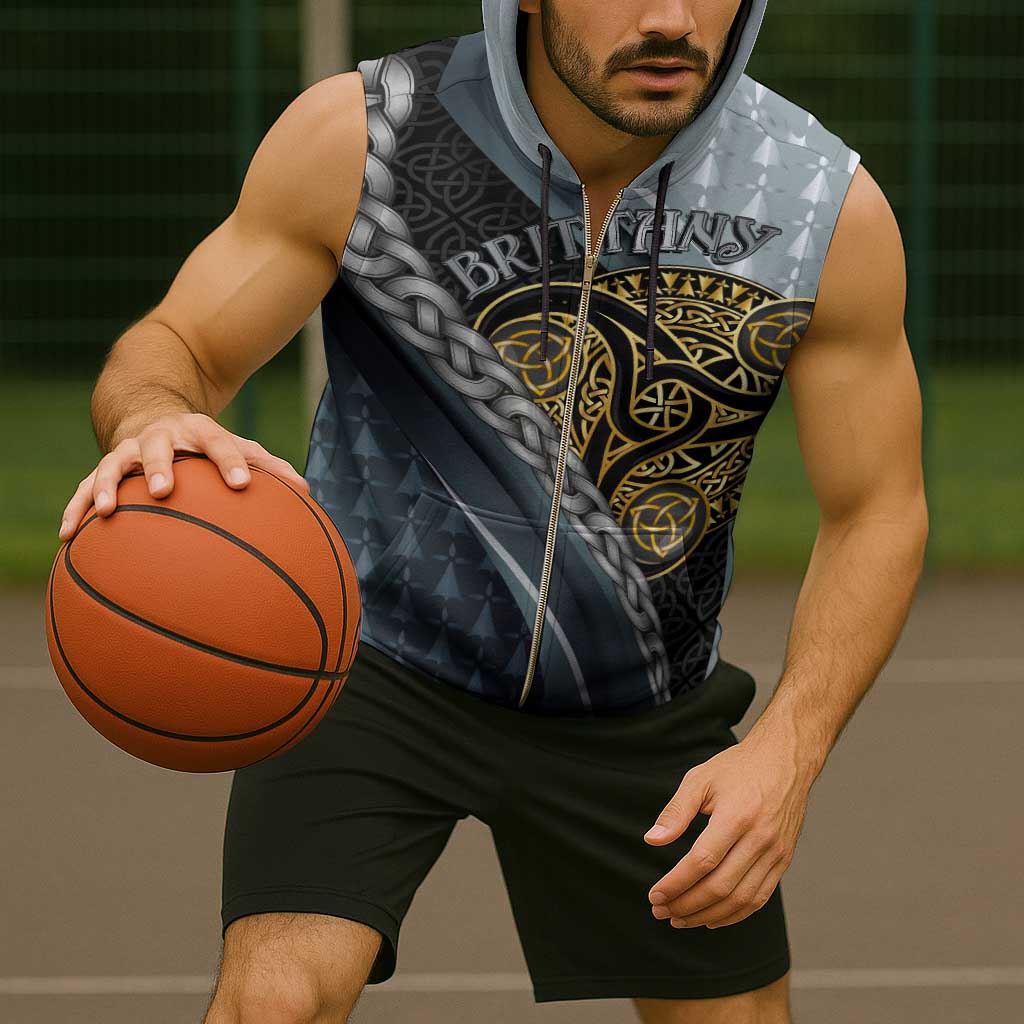 Brittany Triskele Celtic Sleeveless Zip Hoodie Silver and Gold Sporty Style - Wonder Print Shop