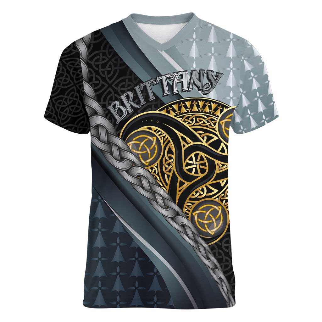 Brittany Triskele Celtic Women V-Neck T-Shirt Silver and Gold Sporty Style - Wonder Print Shop