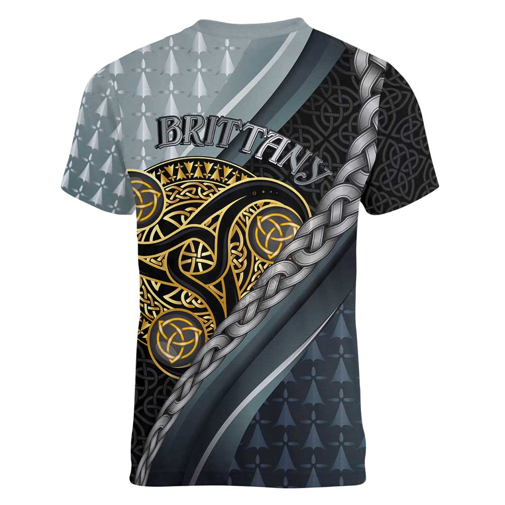 Brittany Triskele Celtic Women V-Neck T-Shirt Silver and Gold Sporty Style - Wonder Print Shop