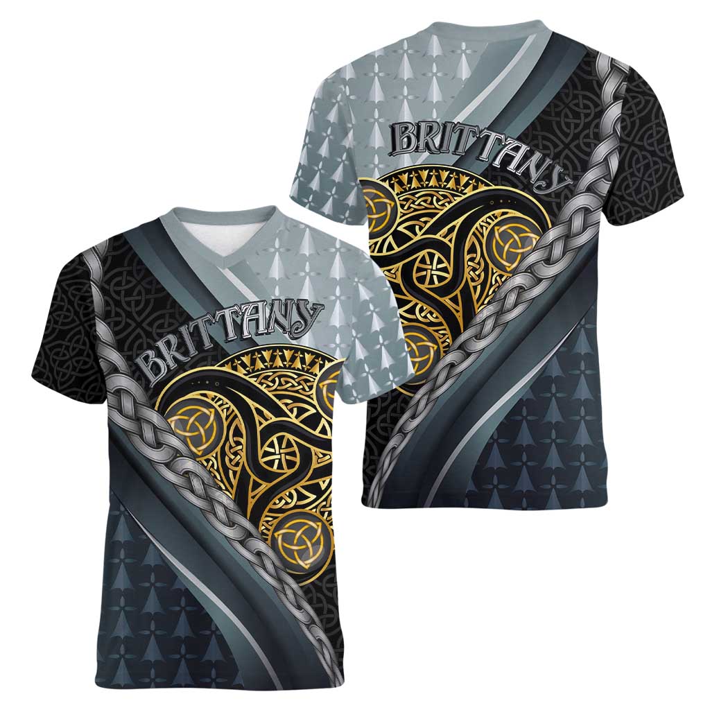 Brittany Triskele Celtic Women V-Neck T-Shirt Silver and Gold Sporty Style - Wonder Print Shop