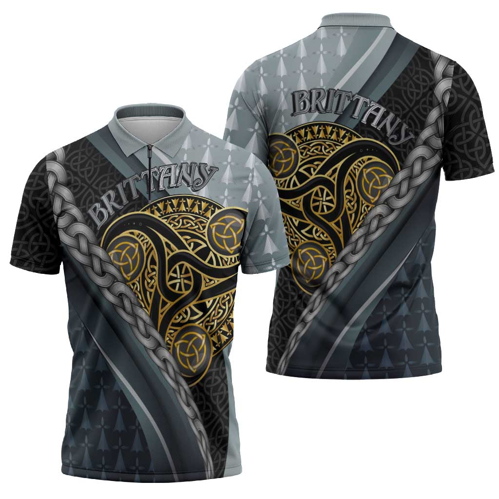Brittany Triskele Celtic Zipper Polo Shirt Silver and Gold Sporty Style - Wonder Print Shop