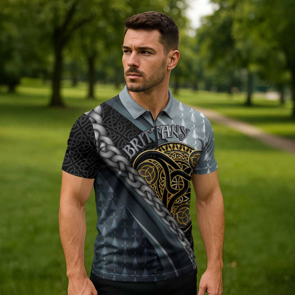 Brittany Triskele Celtic Zipper Polo Shirt Silver and Gold Sporty Style - Wonder Print Shop