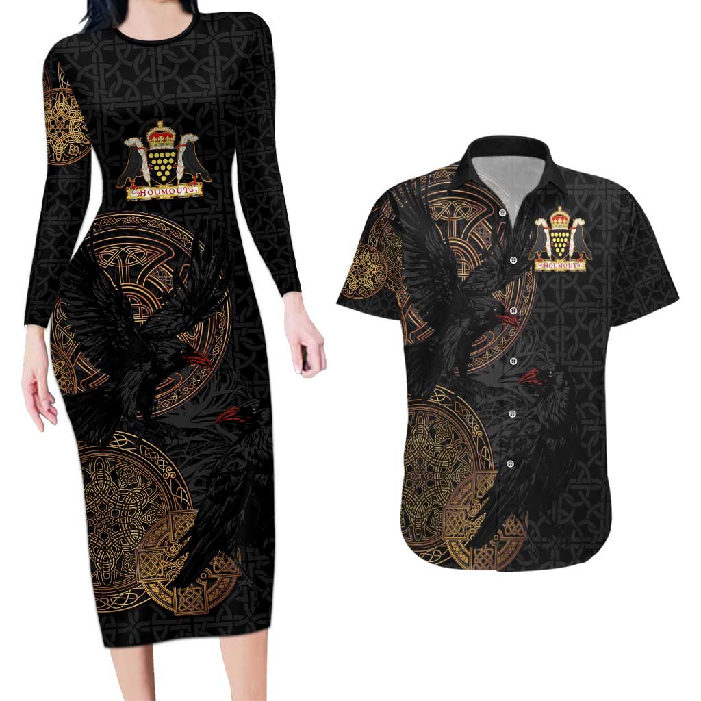 Cornwall Celtic-Chough and Knot Couples Matching Long Sleeve Bodycon Dress and Hawaiian Shirt - Wonder Print Shop