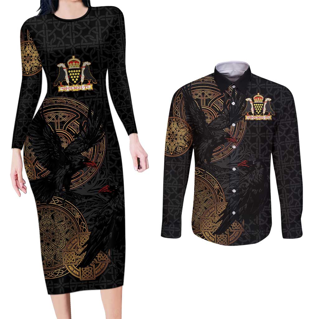 Cornwall Celtic-Chough and Knot Couples Matching Long Sleeve Bodycon Dress and Long Sleeve Button Shirt - Wonder Print Shop