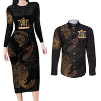Cornwall Celtic-Chough and Knot Couples Matching Long Sleeve Bodycon Dress and Long Sleeve Button Shirt - Wonder Print Shop