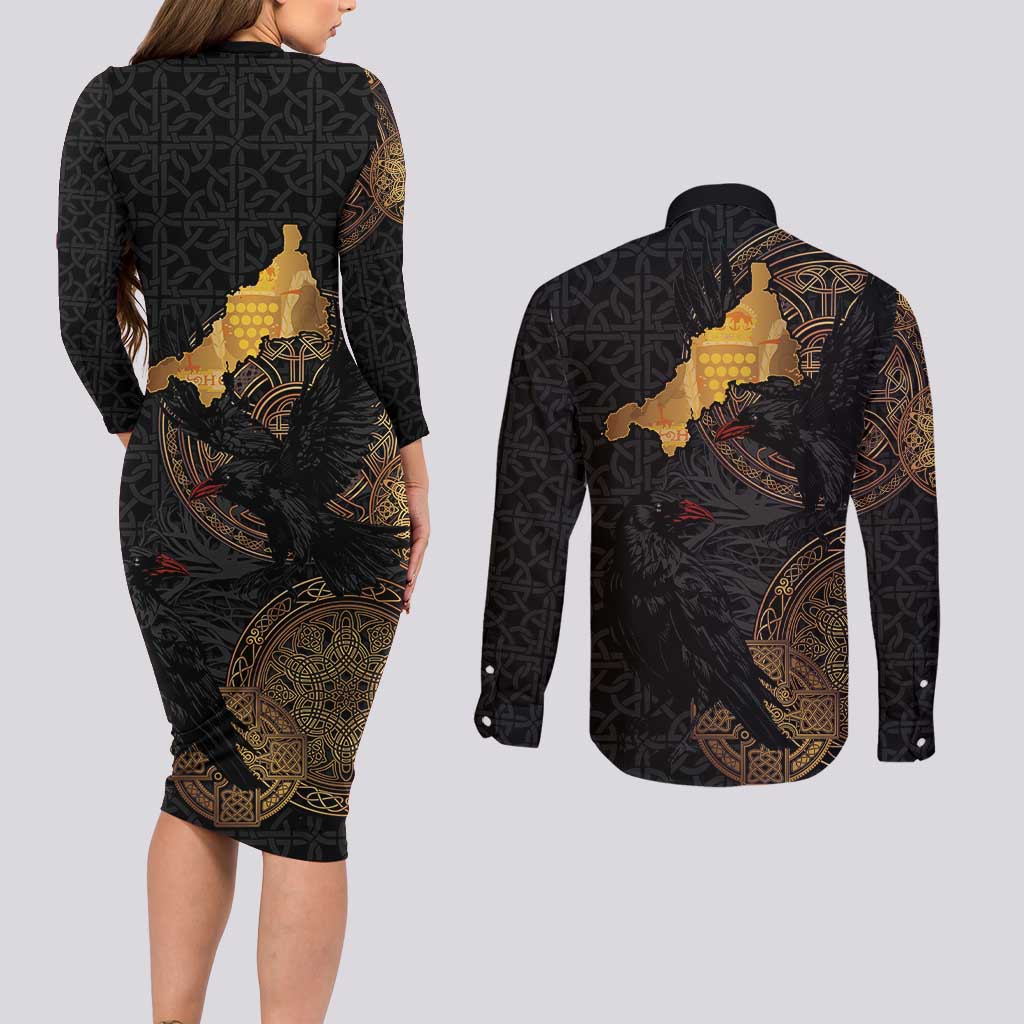 Cornwall Celtic-Chough and Knot Couples Matching Long Sleeve Bodycon Dress and Long Sleeve Button Shirt - Wonder Print Shop