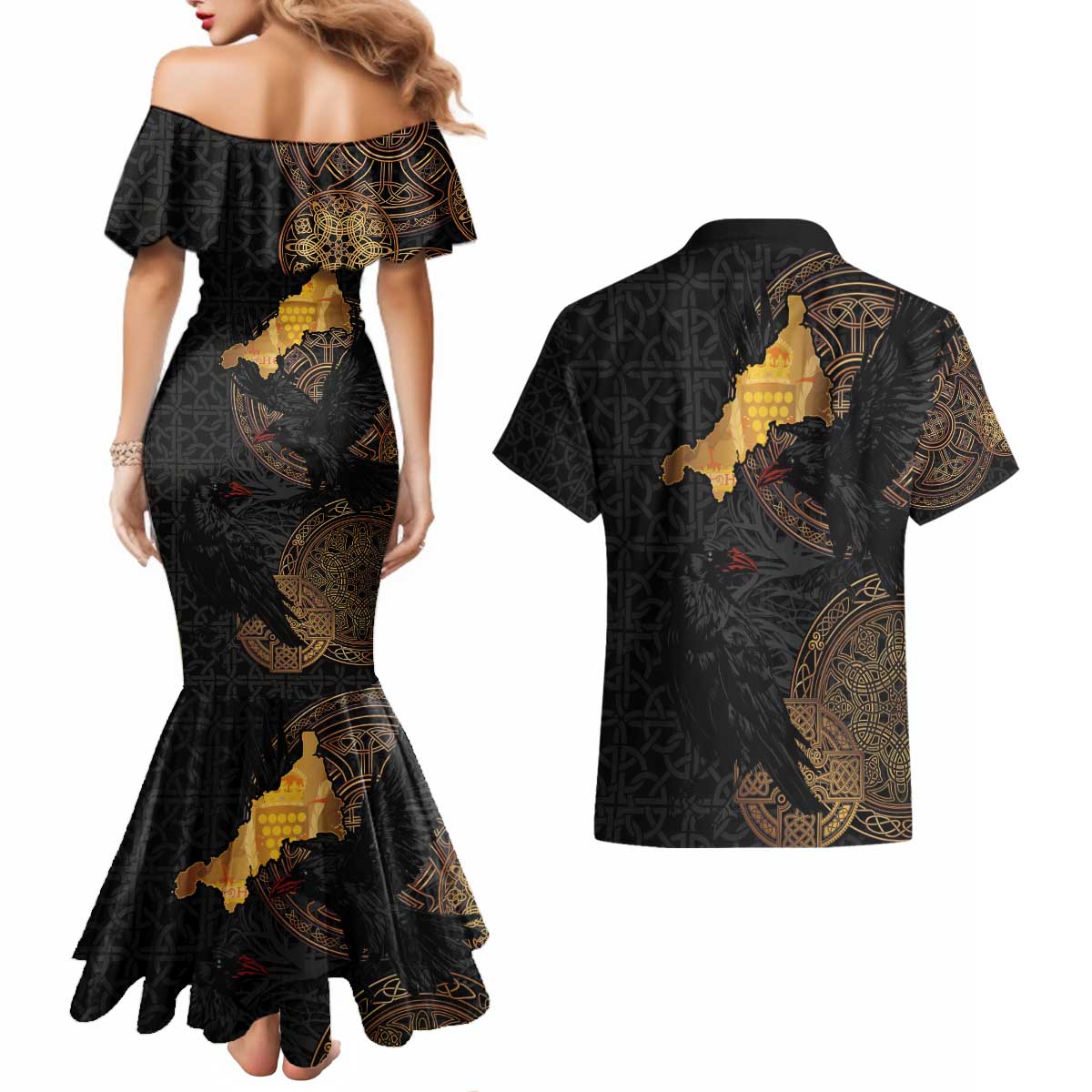 Cornwall Celtic-Chough and Knot Couples Matching Mermaid Dress and Hawaiian Shirt - Wonder Print Shop
