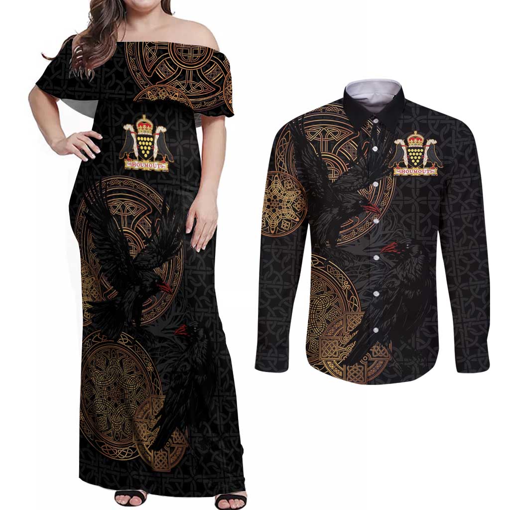 Cornwall Celtic-Chough and Knot Couples Matching Off Shoulder Maxi Dress and Long Sleeve Button Shirt - Wonder Print Shop