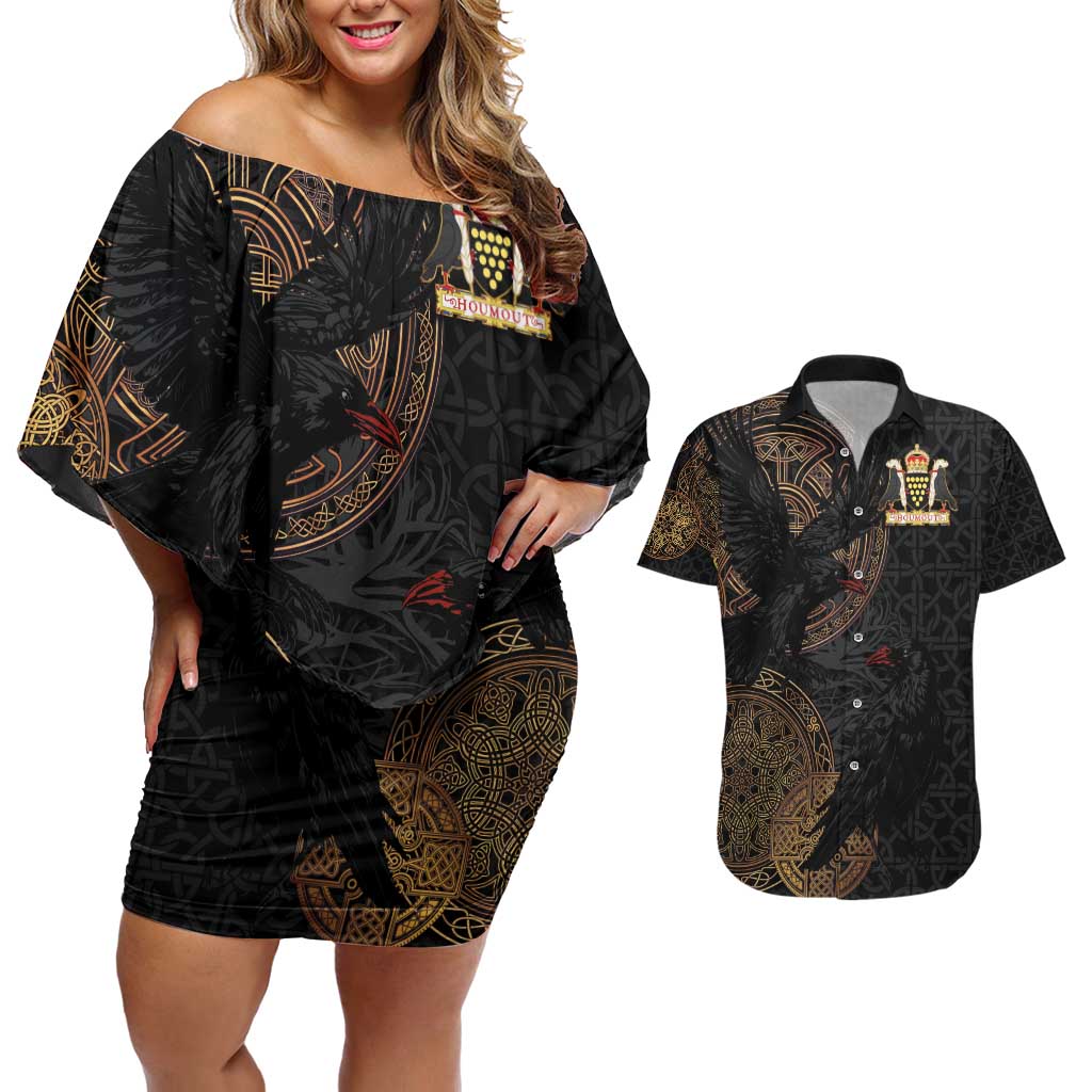 Cornwall Celtic-Chough and Knot Couples Matching Off Shoulder Short Dress and Hawaiian Shirt - Wonder Print Shop