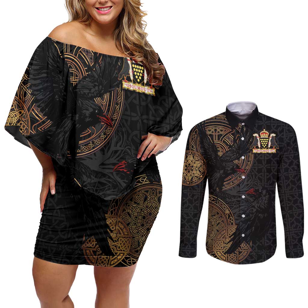 Cornwall Celtic-Chough and Knot Couples Matching Off Shoulder Short Dress and Long Sleeve Button Shirt - Wonder Print Shop