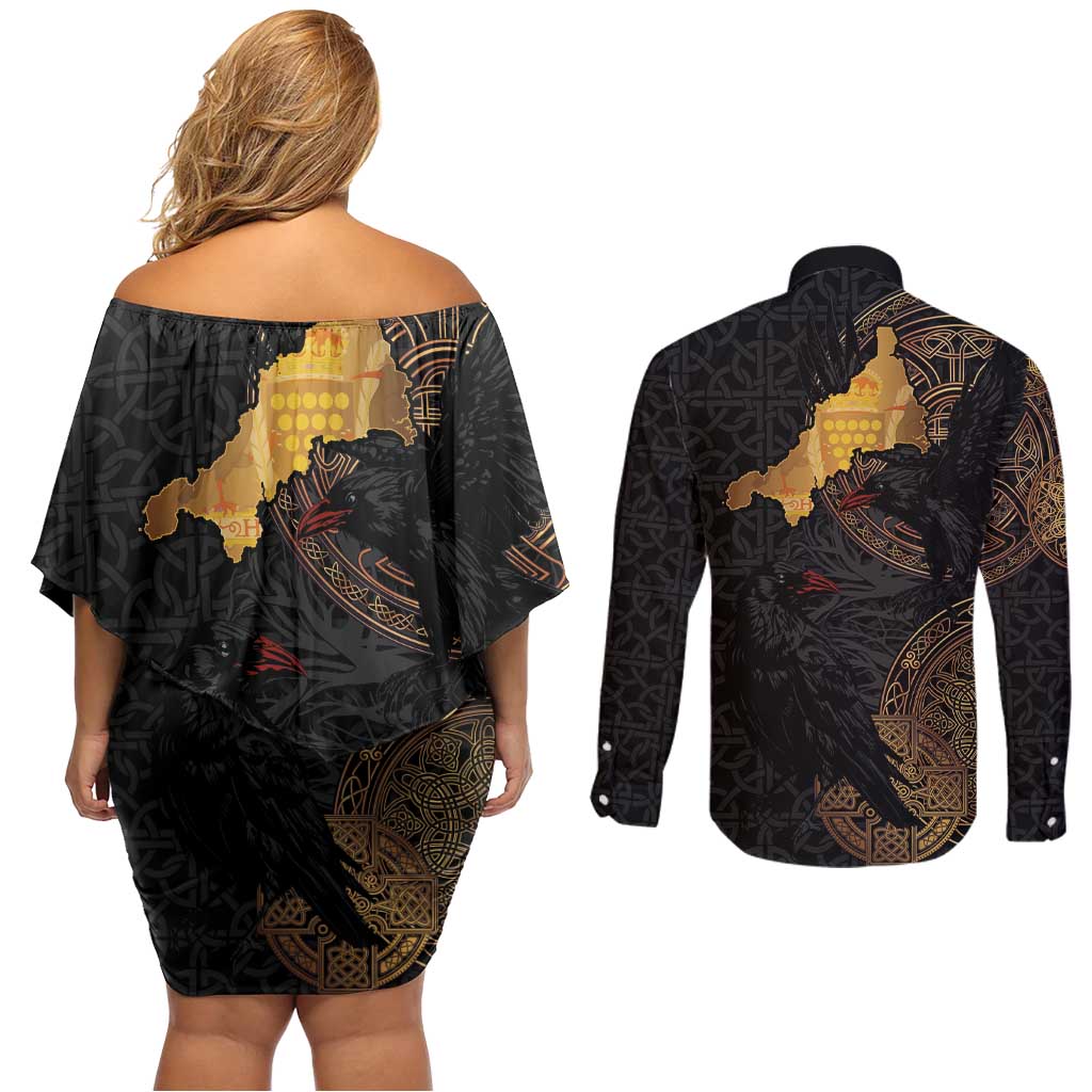 Cornwall Celtic-Chough and Knot Couples Matching Off Shoulder Short Dress and Long Sleeve Button Shirt - Wonder Print Shop