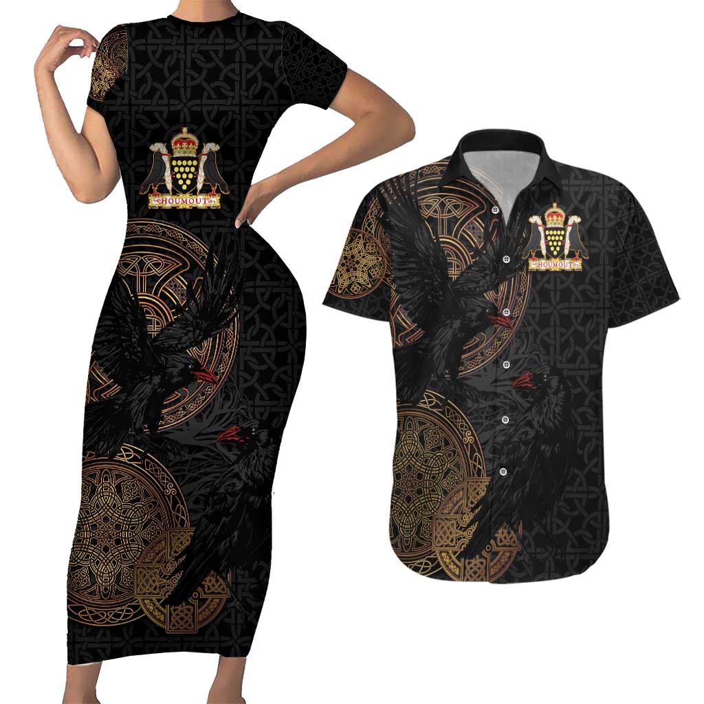 Cornwall Celtic-Chough and Knot Couples Matching Short Sleeve Bodycon Dress and Hawaiian Shirt - Wonder Print Shop