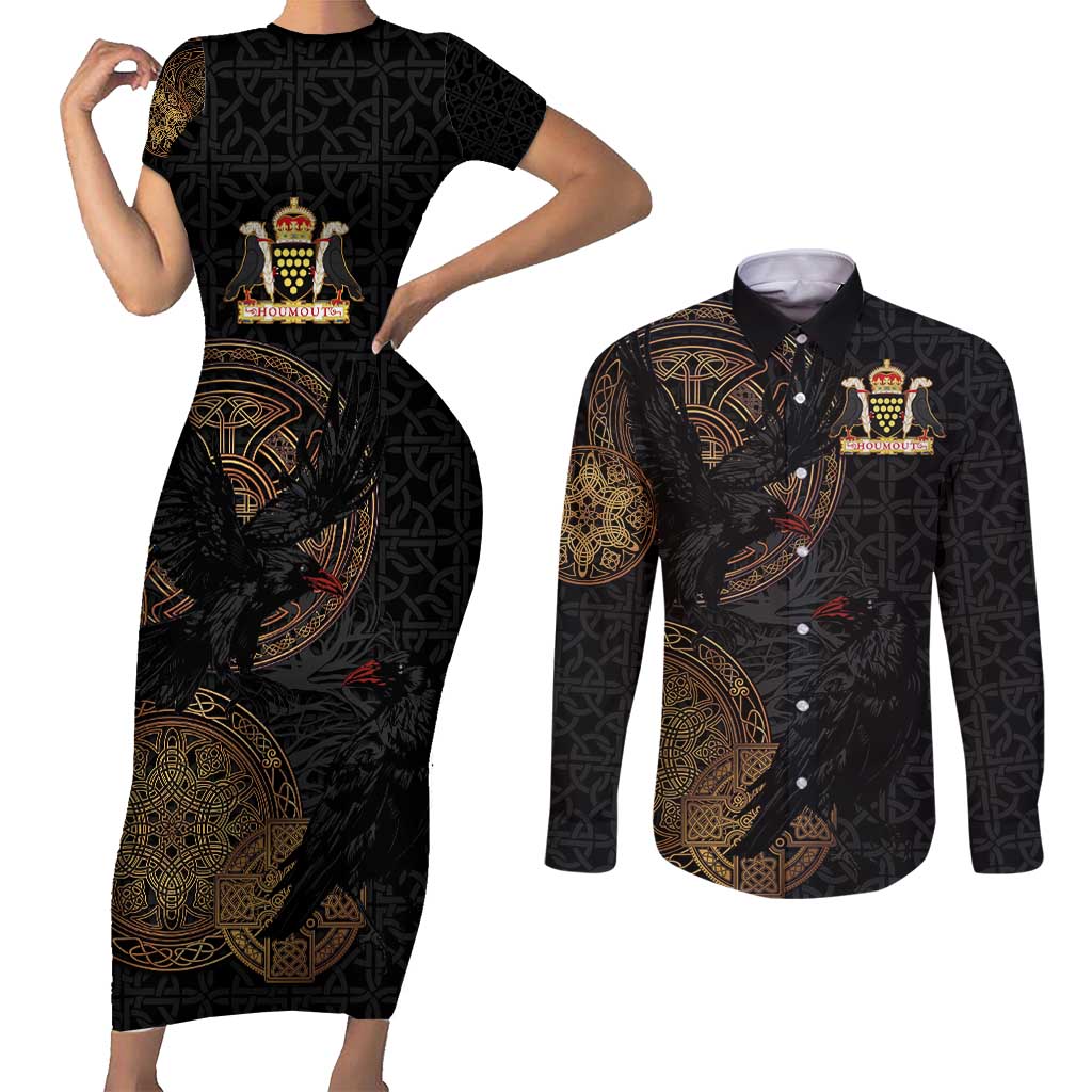 Cornwall Celtic-Chough and Knot Couples Matching Short Sleeve Bodycon Dress and Long Sleeve Button Shirt - Wonder Print Shop
