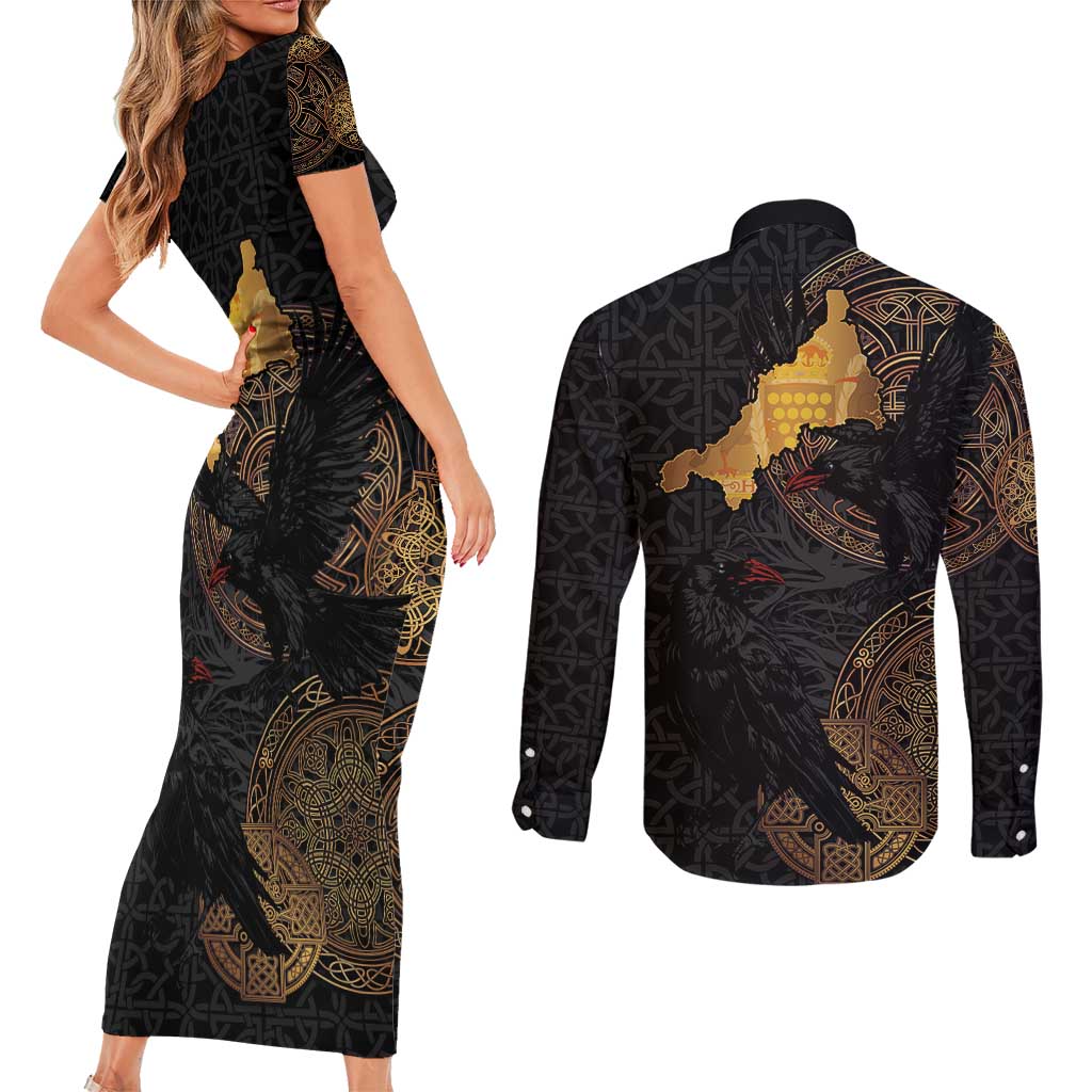 Cornwall Celtic-Chough and Knot Couples Matching Short Sleeve Bodycon Dress and Long Sleeve Button Shirt - Wonder Print Shop