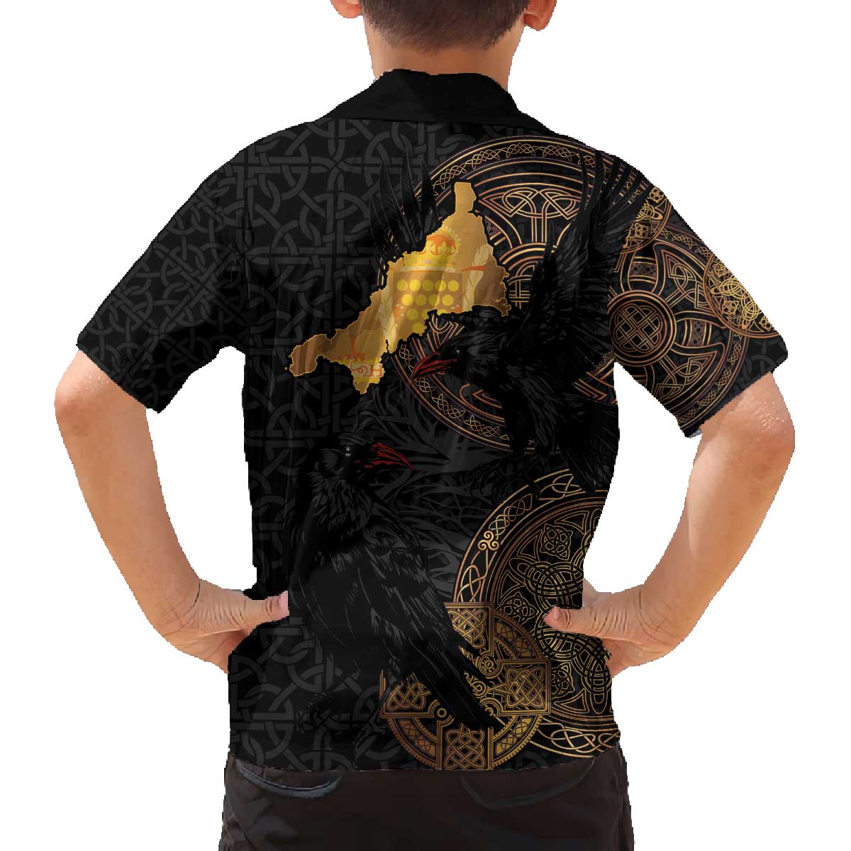 Cornwall Celtic-Chough and Knot Family Matching Off The Shoulder Long Sleeve Dress and Hawaiian Shirt - Wonder Print Shop