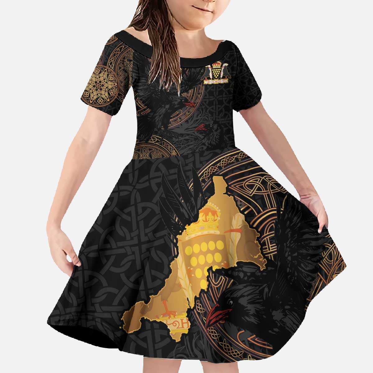 Cornwall Celtic-Chough and Knot Family Matching Off The Shoulder Long Sleeve Dress and Hawaiian Shirt - Wonder Print Shop