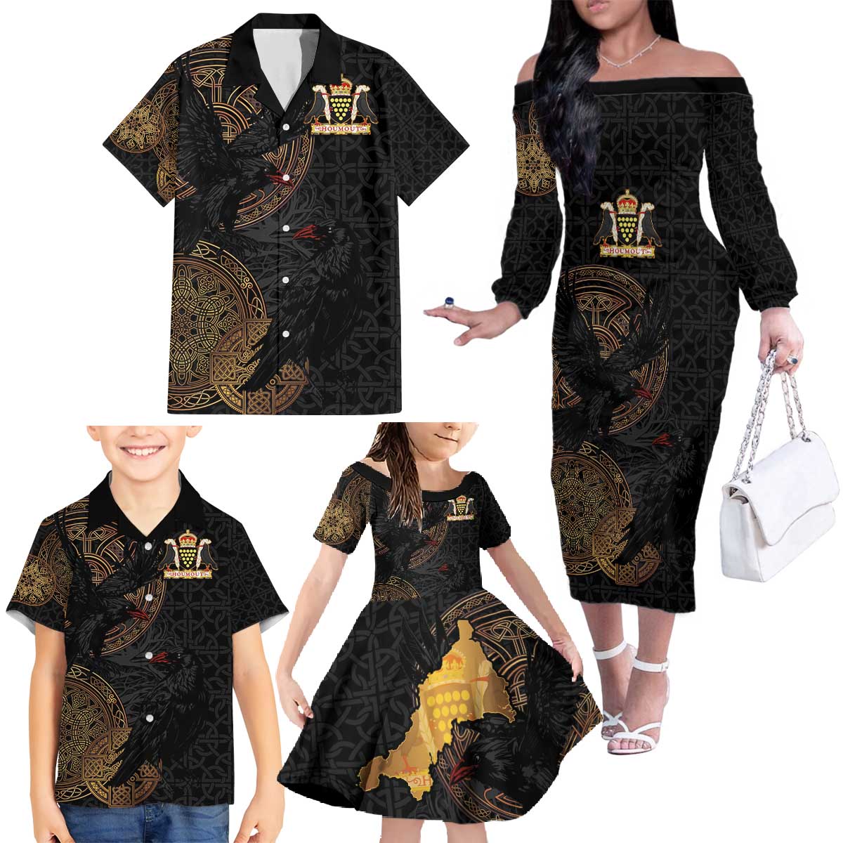 Cornwall Celtic-Chough and Knot Family Matching Off The Shoulder Long Sleeve Dress and Hawaiian Shirt - Wonder Print Shop