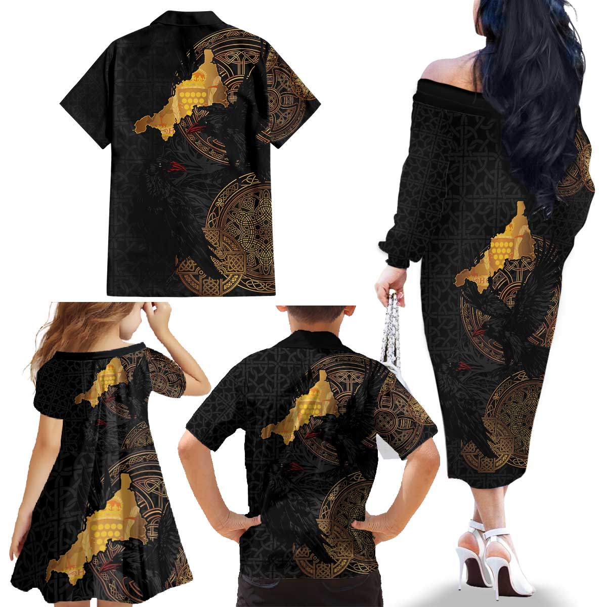 Cornwall Celtic-Chough and Knot Family Matching Off The Shoulder Long Sleeve Dress and Hawaiian Shirt - Wonder Print Shop