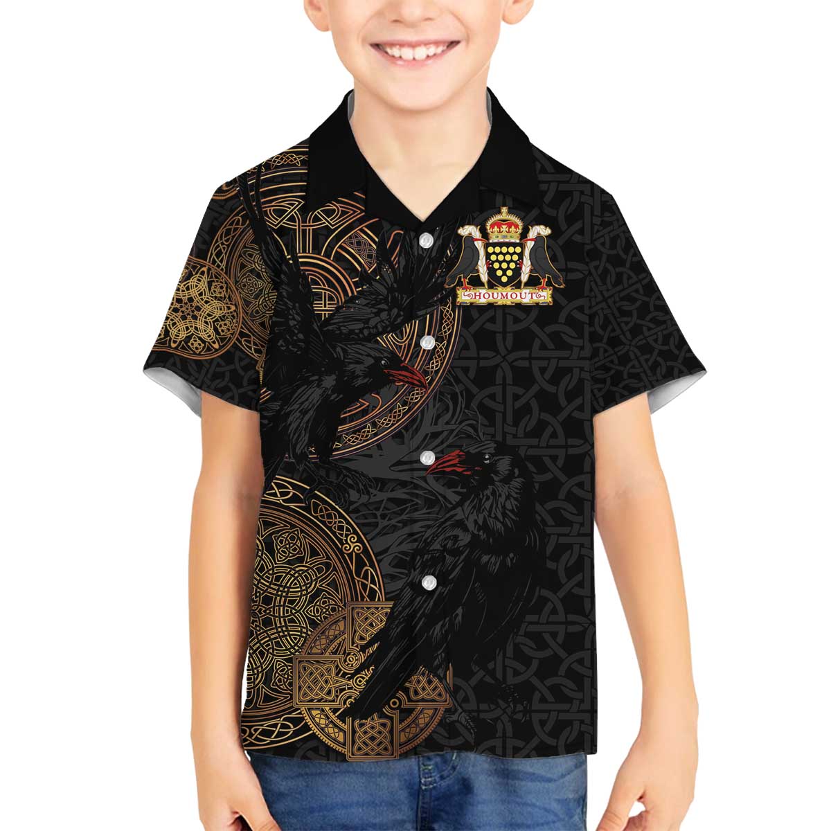 Cornwall Celtic-Chough and Knot Family Matching Off The Shoulder Long Sleeve Dress and Hawaiian Shirt - Wonder Print Shop