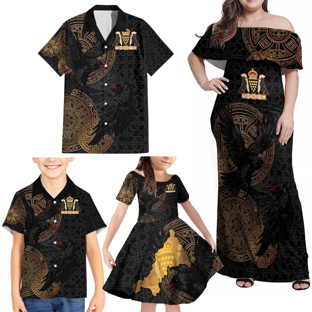 Cornwall Celtic-Chough and Knot Family Matching Off Shoulder Maxi Dress and Hawaiian Shirt - Wonder Print Shop