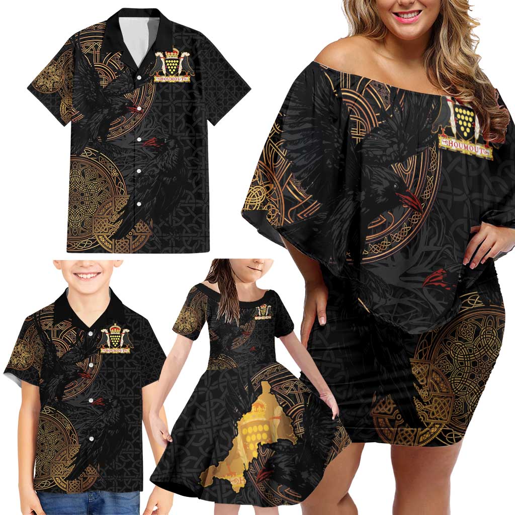 Cornwall Celtic-Chough and Knot Family Matching Off Shoulder Short Dress and Hawaiian Shirt - Wonder Print Shop